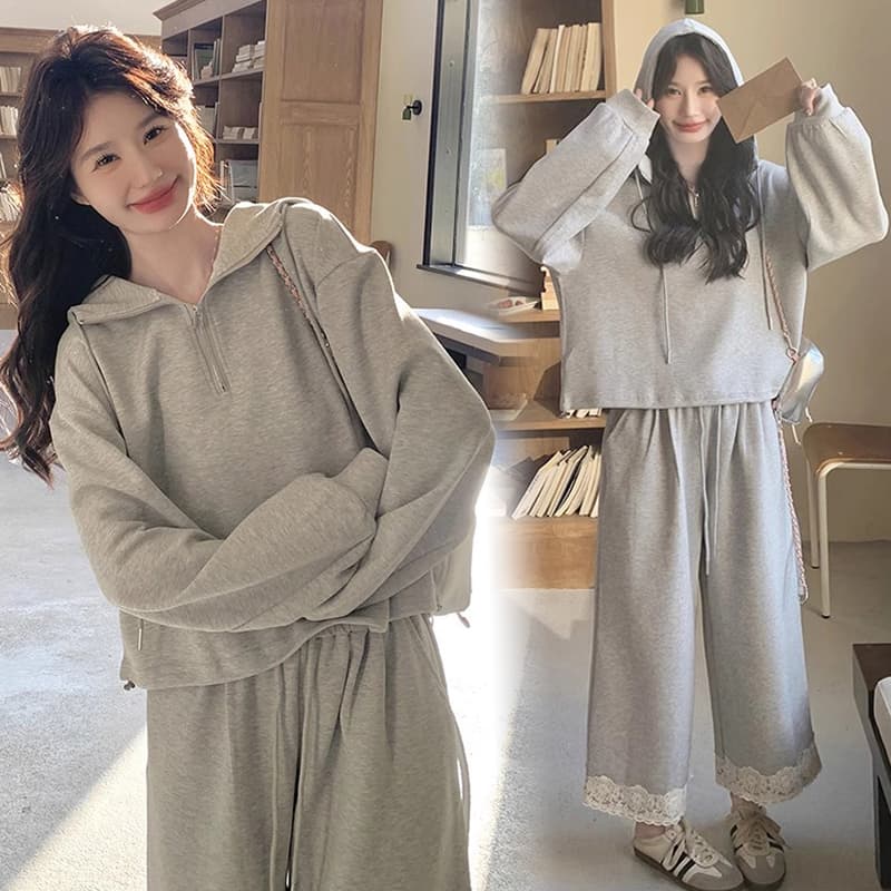 레이스 조각 캐주얼 운동 후드티 2026 새로운 와이드 레그 팬츠 고급 센스 캐주얼 임산부 세트 상세 이미지 3