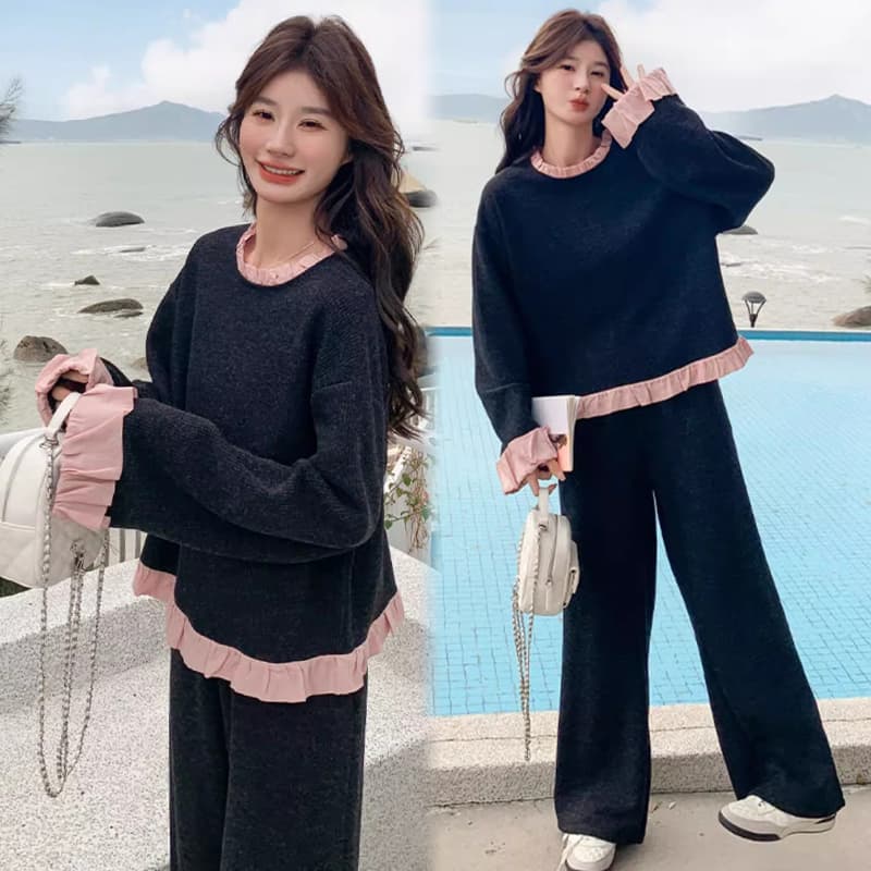 한 부서 작은 샤넬 스타일 프릴 후드티 봄 2026 새로운 전체 집합 연령 감소 와이드 레그 팬츠 투피스 세트 이미지 3