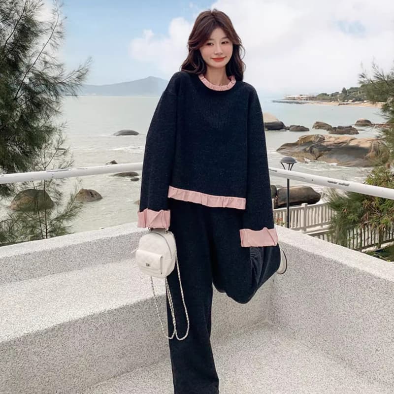 한 부서 작은 샤넬 스타일 프릴 후드티 봄 2026 새로운 전체 집합 연령 감소 와이드 레그 팬츠 투피스 세트 상세 이미지 4