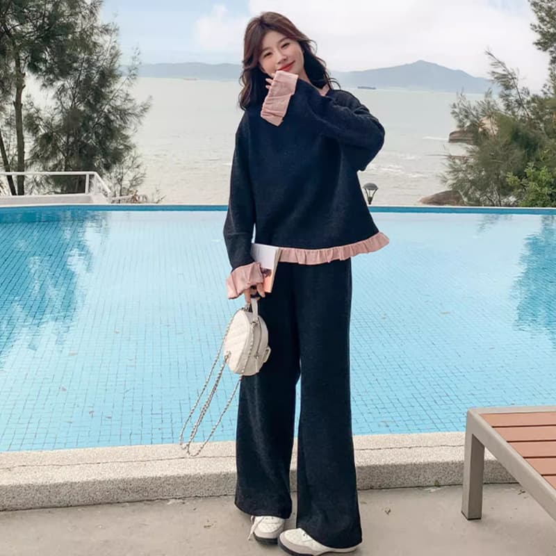 한 부서 작은 샤넬 스타일 프릴 후드티 봄 2026 새로운 전체 집합 연령 감소 와이드 레그 팬츠 투피스 세트 상세 이미지 11