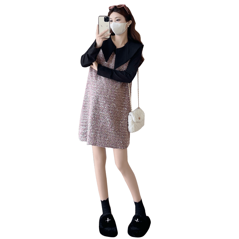 실사 봄 작은 샤넬 스타일 드레스 새로운 베이비 칼라 빛나는 명문 여성 조끼 스커트 임산부 두 조각 치마 이미지 6