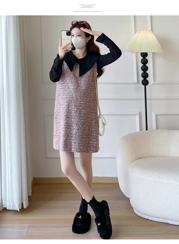 실사 봄 작은 샤넬 스타일 드레스 새로운 베이비 칼라 빛나는 명문 여성 조끼 스커트 임산부 두 조각 치마 상세 이미지 17