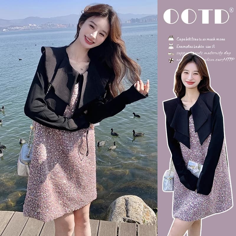 2026 봄 작은 샤넬 스타일 드레스 새로운 베이비 칼라 빛나는 명문 여성 조끼 스커트 임산부 두 조각 치마 상세 이미지 2