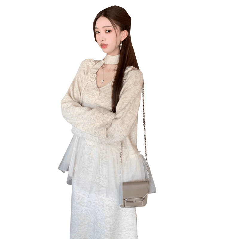 실사 2026 봄 드레스 새로운 3 차원 꽃 니트 세트 망사 패치워크 스웨터 드레스 임산부 투피스 세트 이미지 5