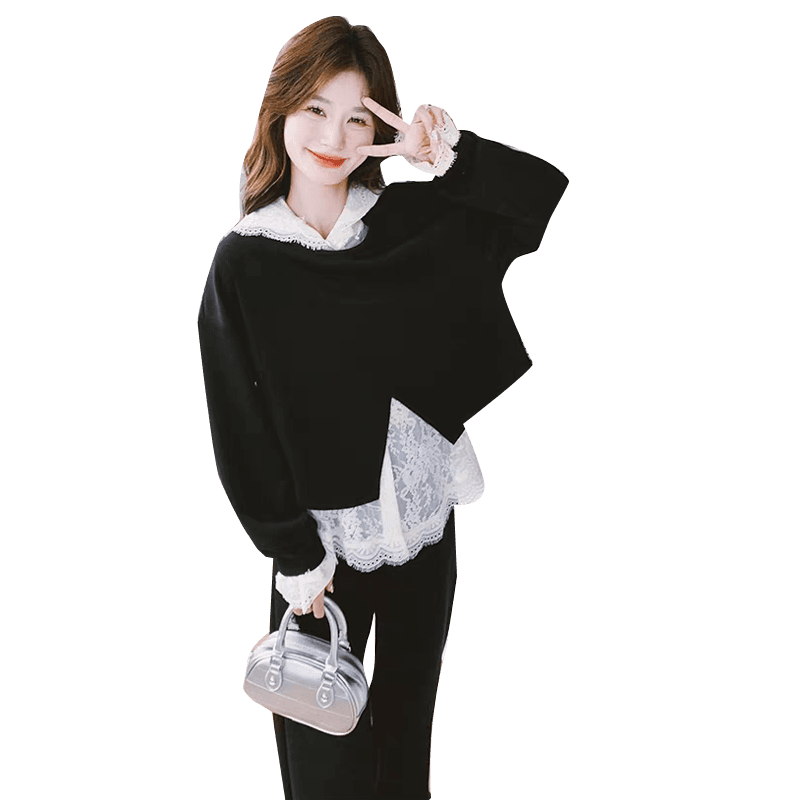 봄 캐주얼 연령 감소 후드티 세트 2026 년 새로운 레이스 베스트 와이드 레그 팬츠 슈퍼 화재 임산부 3종 세트 이미지 6