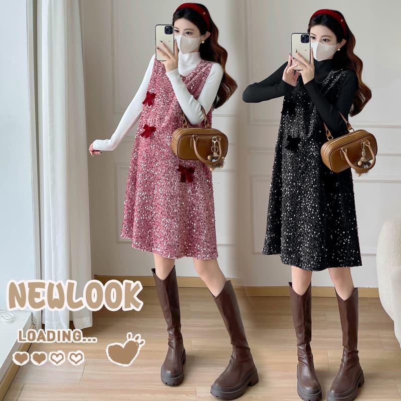 실사 가을 임신 기간 착용 가져 가라. 출산 착용 2026 새로운 스팽글 치마 임산부 세트 이미지 3