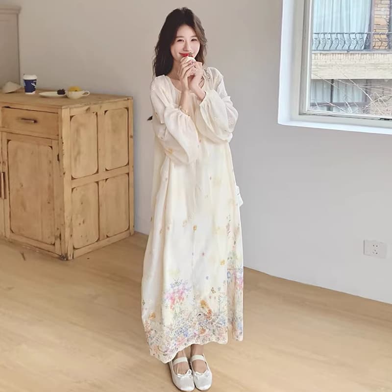 살구 색상 프랑스식 부드러운 바람 헤일로 염색 여성 드레스 202 이른 가을 새로운 임산부 아름다운 라운드 넥 품격 롱 스커트 상세 이미지 6