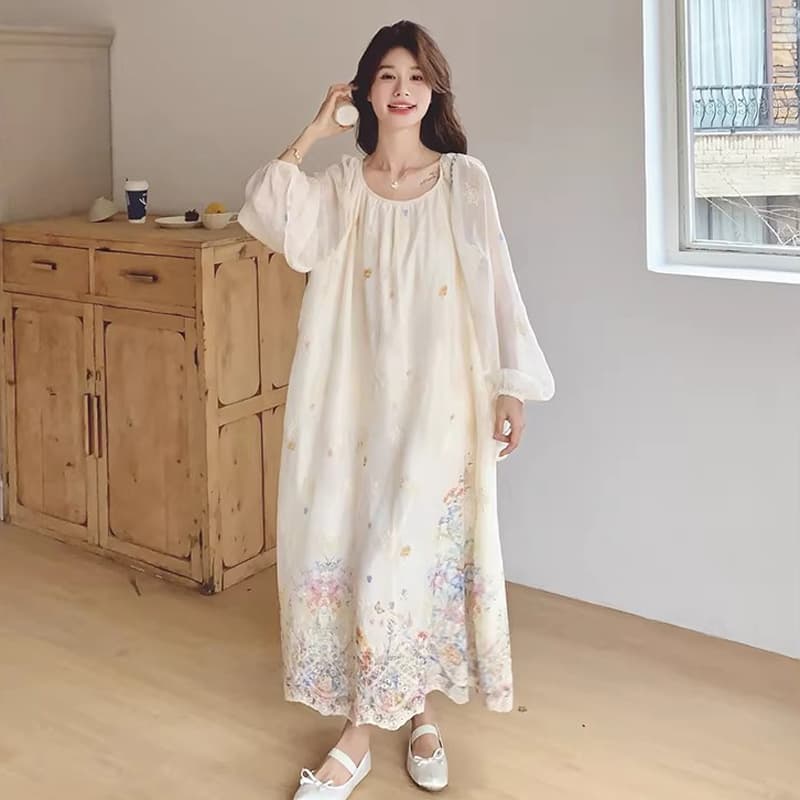 살구 색상 프랑스식 부드러운 바람 헤일로 염색 여성 드레스 202 이른 가을 새로운 임산부 아름다운 라운드 넥 품격 롱 스커트 상세 이미지 9