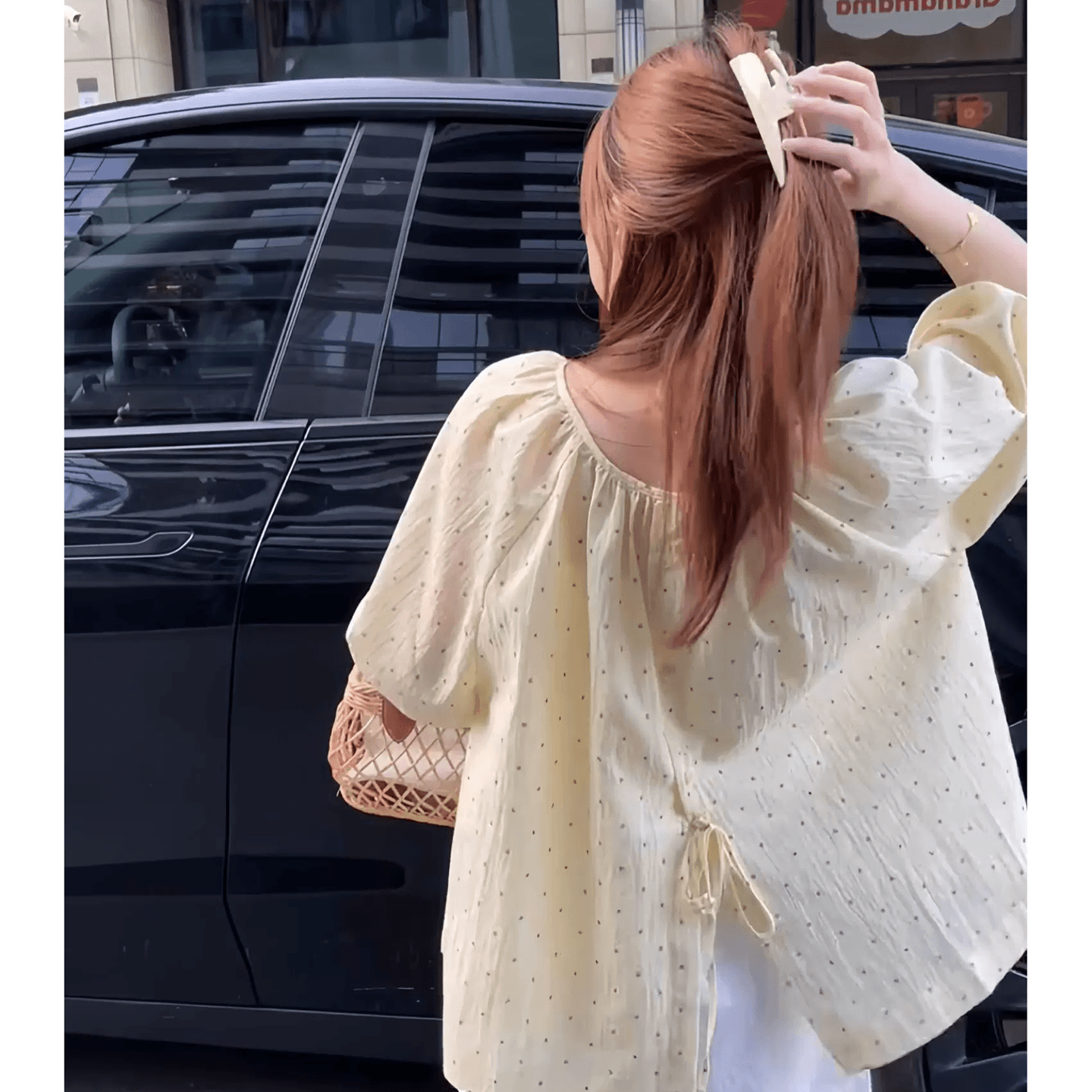여름 아름다운 패션 달콤함 도트 무늬 루즈핏 얇은 스타일 셔츠 품격 슬림해 보이는 캐주얼 임산부 투피스 세트 상세 이미지 5