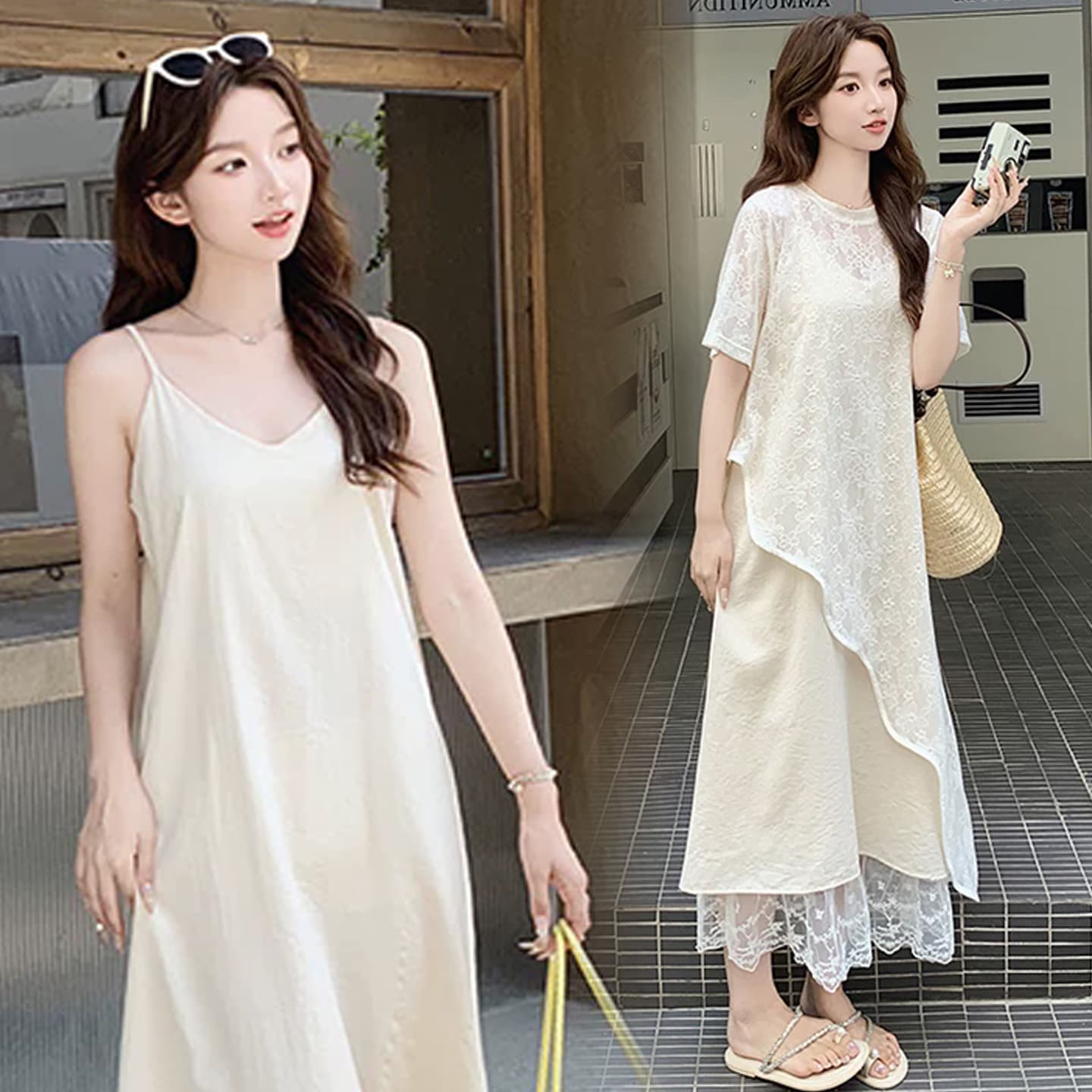 자이언트 잘 생긴 관대 한 점잖은 불규칙 레이스 블라우스 드레스 임산부 여름 새로운 슬립 드레스 투피스 세트 상세 이미지 2