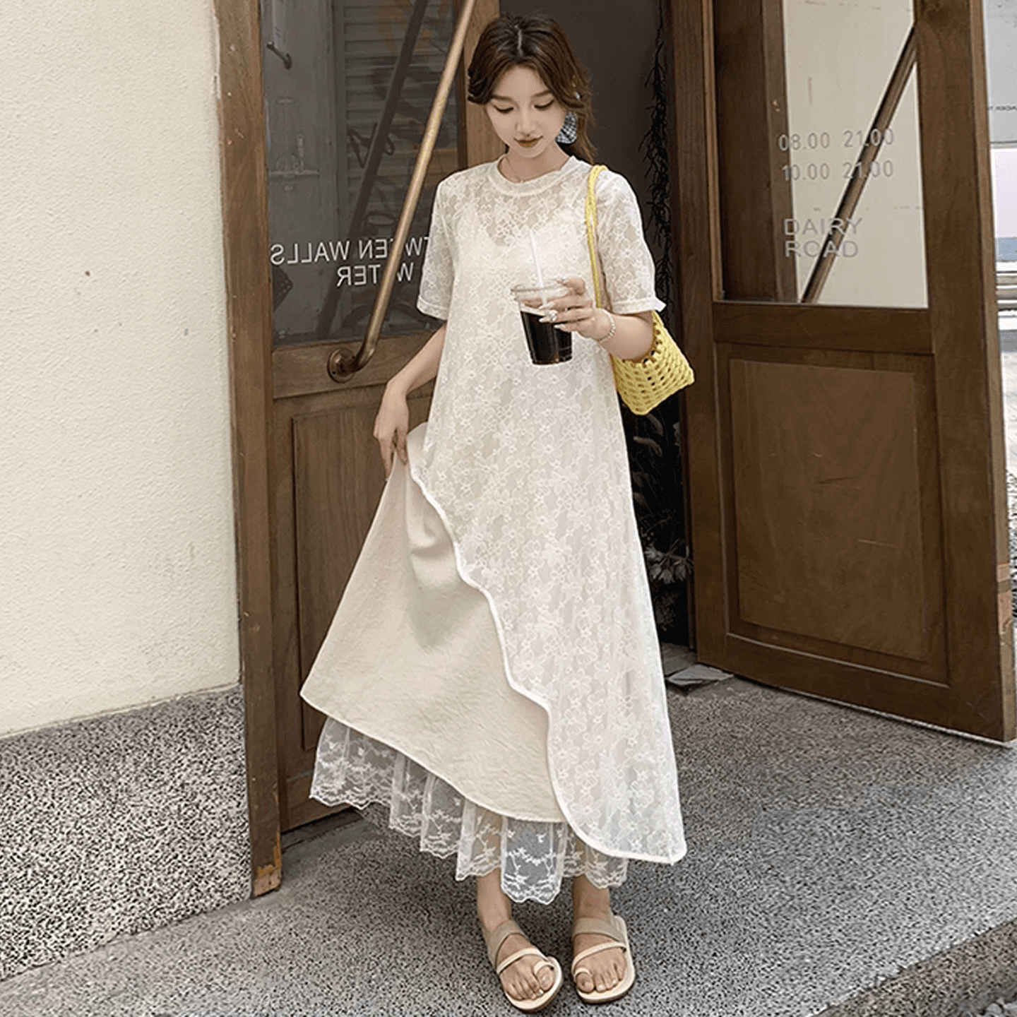 자이언트 잘 생긴 관대 한 점잖은 불규칙 레이스 블라우스 드레스 임산부 여름 새로운 슬립 드레스 투피스 세트 상세 이미지 9