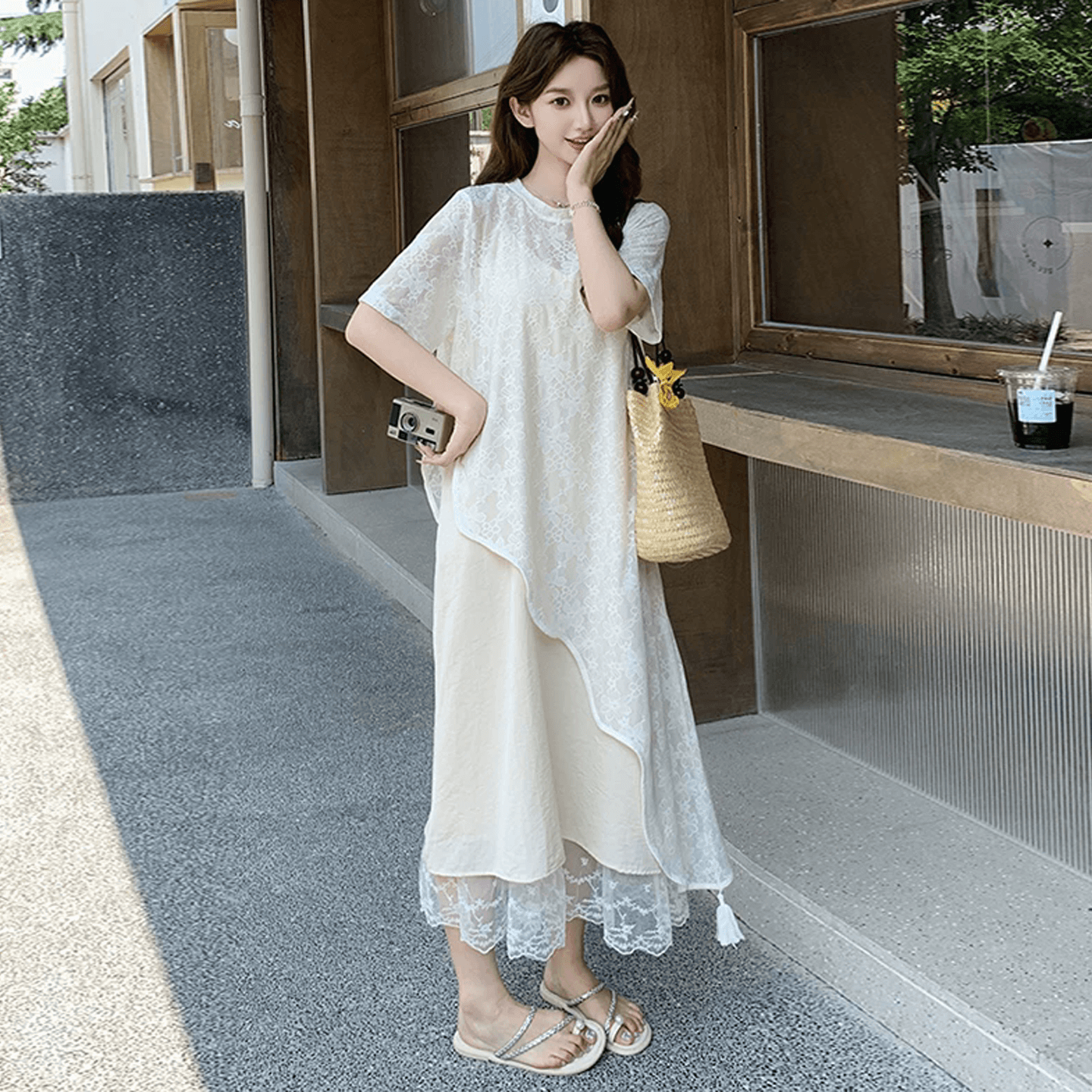 자이언트 잘 생긴 관대 한 점잖은 불규칙 레이스 블라우스 드레스 임산부 여름 새로운 슬립 드레스 투피스 세트 상세 이미지 11