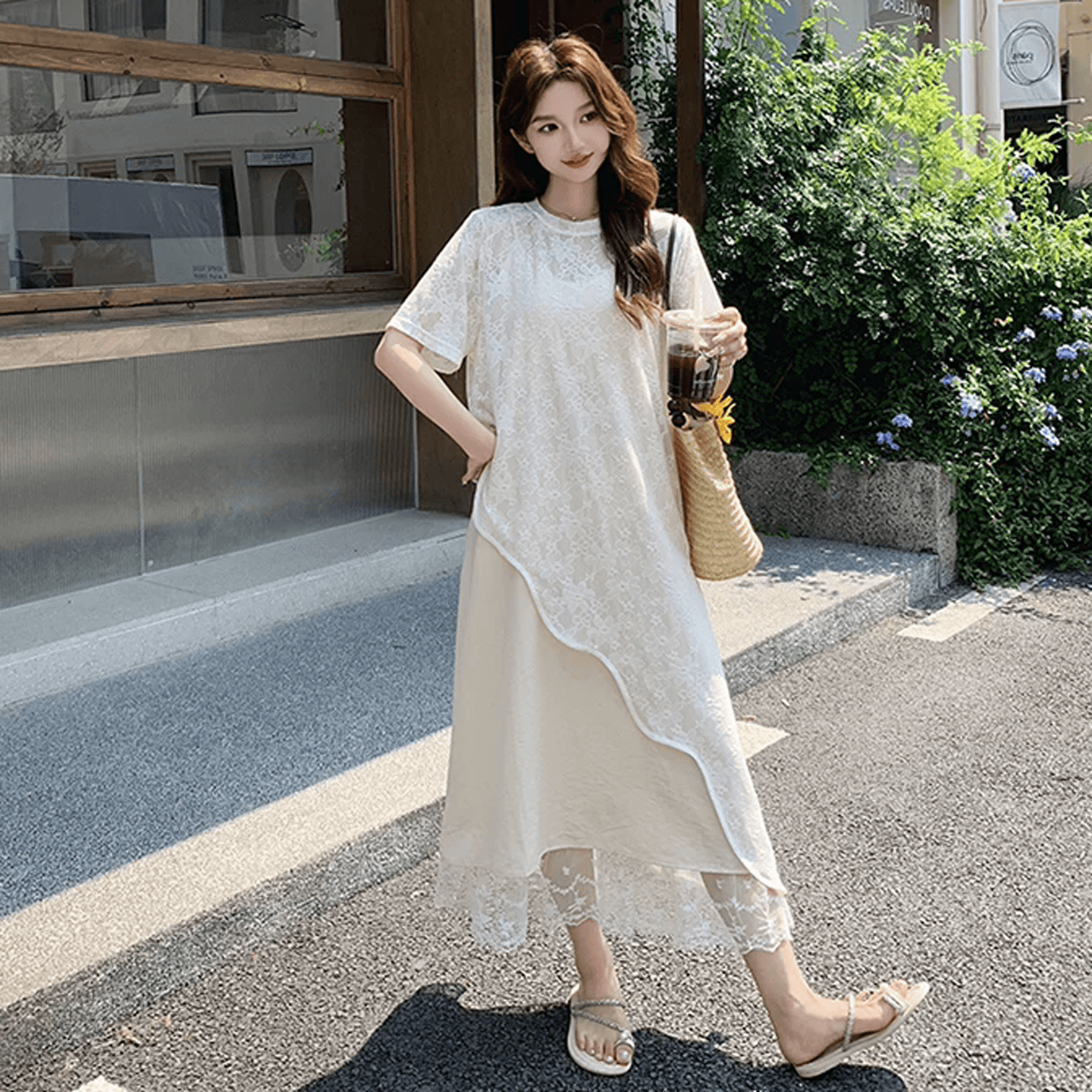 자이언트 잘 생긴 관대 한 점잖은 불규칙 레이스 블라우스 드레스 임산부 여름 새로운 슬립 드레스 투피스 세트 상세 이미지 16