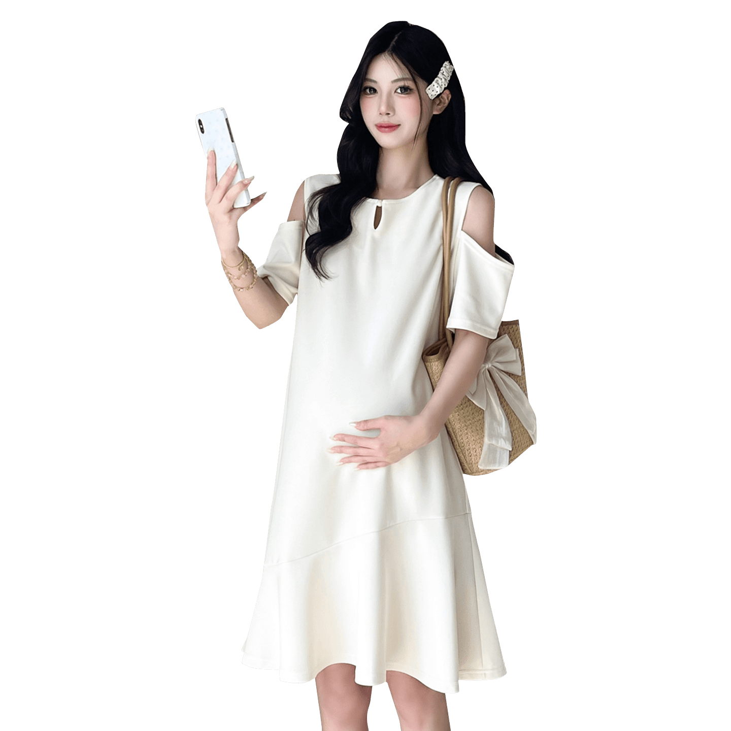 실사 여름 패션 느긋한 바람 발굴하다 어깨 디자인 슬림해 보이는 임산부 드레스 이미지 6