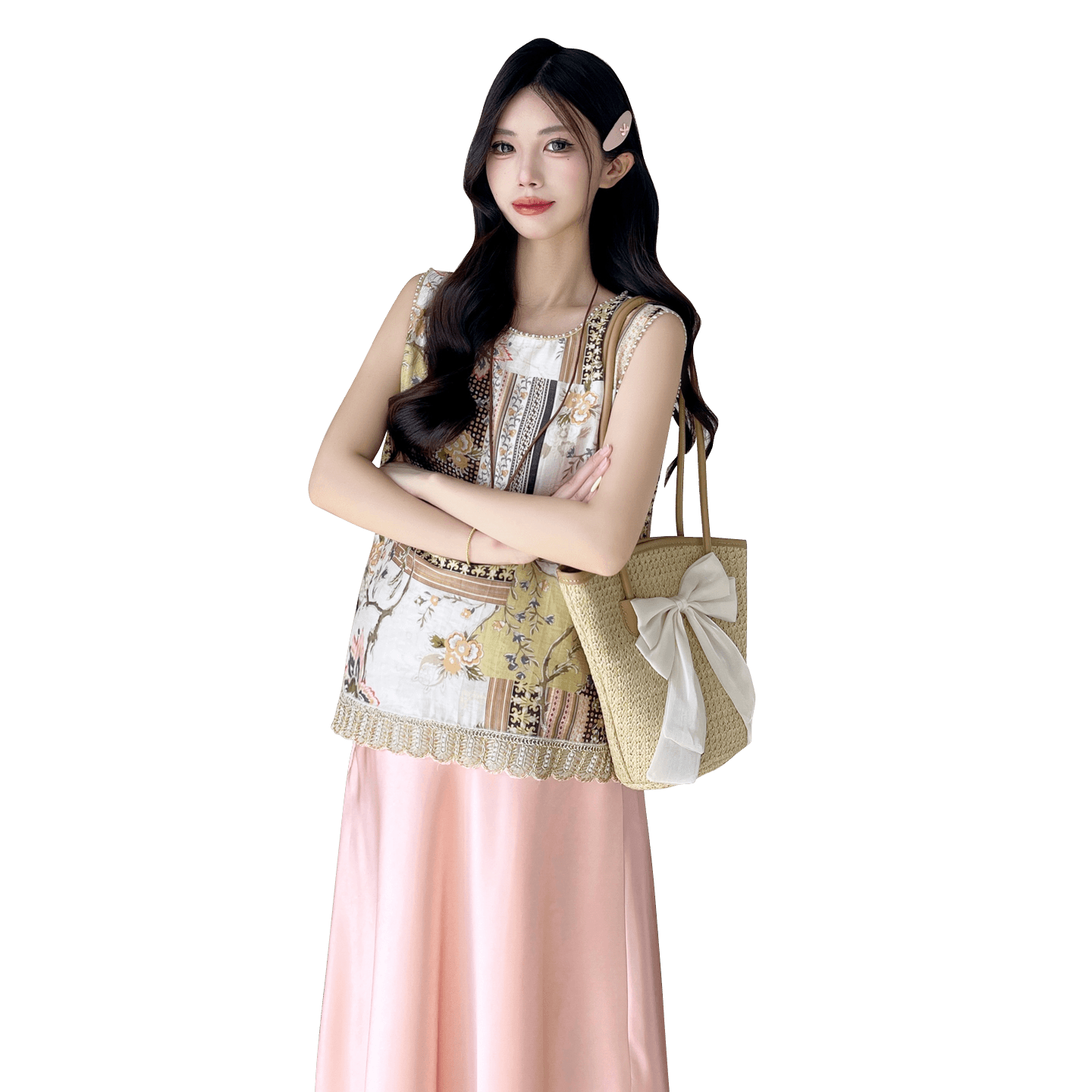 실사 무거운 작업 비즈 박기 프랑스식 우아함 달콤함 새로운 고급 센스 민소매 맨위 반신 스커트 임산부 투피스 세트 이미지 6