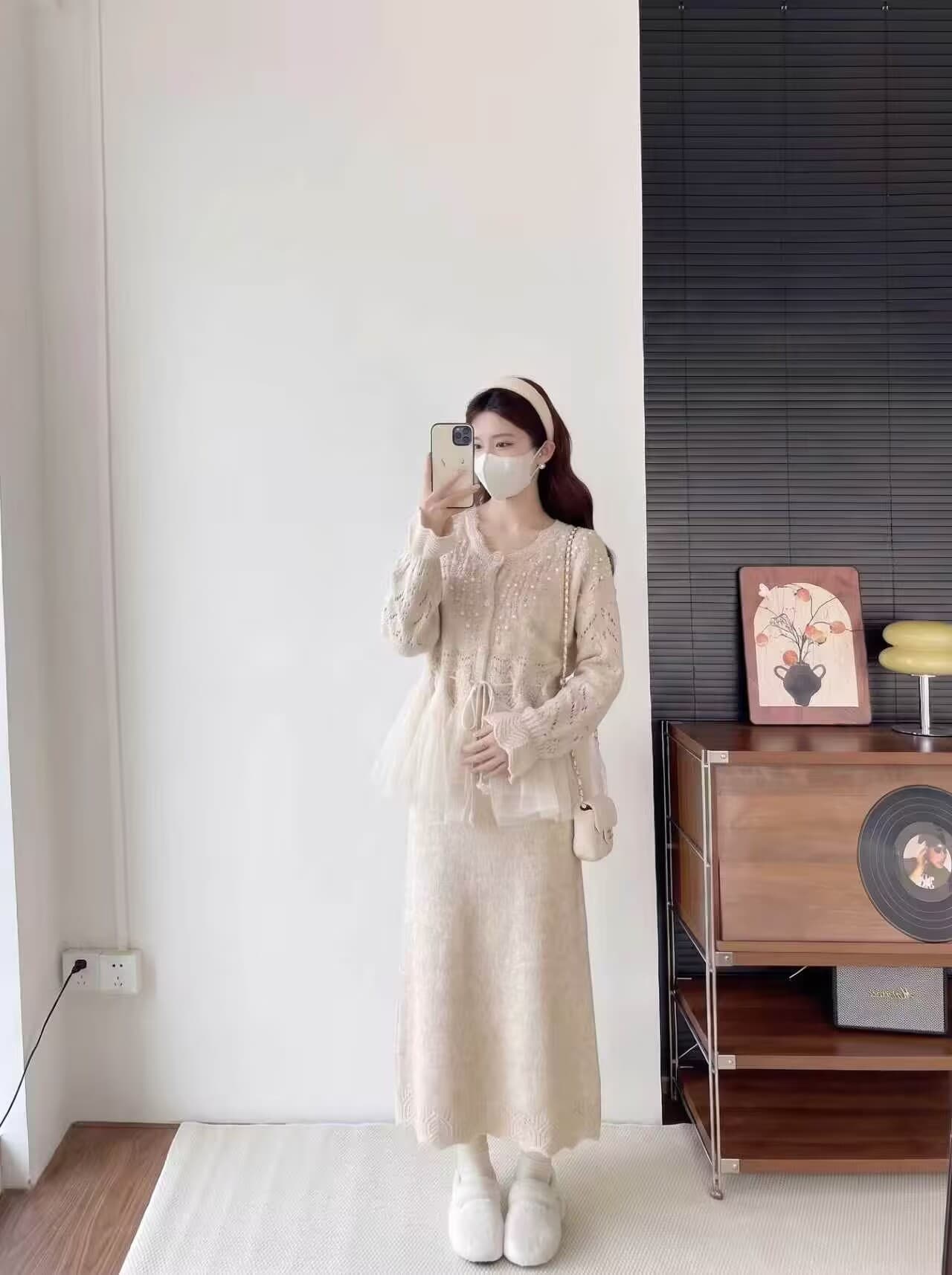 실사 2026 가을 겨울 새로운 니트 세트 망사 패치워크 스웨터 드레스 임산부 투피스 세트 상세 이미지 4