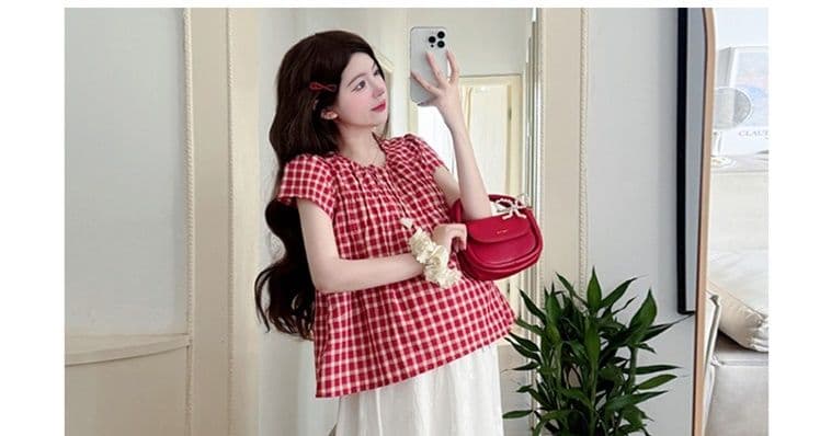 실사 지금 새로운 여름 드레스 새로운 디자인 센스 임산부 체크무늬 맨위 루즈핏 여름 임산부 반신 치마 세트 상세 이미지 25