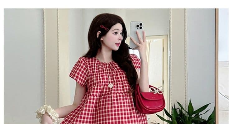 실사 지금 새로운 여름 드레스 새로운 디자인 센스 임산부 체크무늬 맨위 루즈핏 여름 임산부 반신 치마 세트 상세 이미지 36