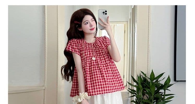 실사 지금 새로운 여름 드레스 새로운 디자인 센스 임산부 체크무늬 맨위 루즈핏 여름 임산부 반신 치마 세트 상세 이미지 39