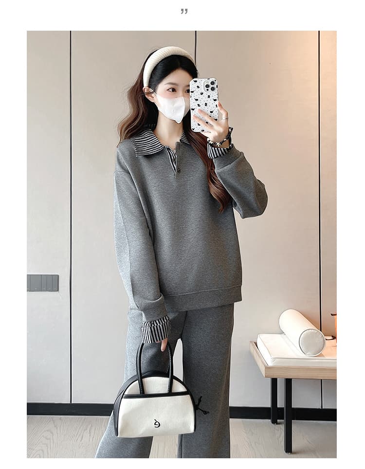 신제품 출산 착용 가을 의상 패션 패치워크 폴로 칼라 후드티 하이웨이스트 슬림해 보이는 반신 스커트 임산부 투피스 세트 세트 상세 이미지 17