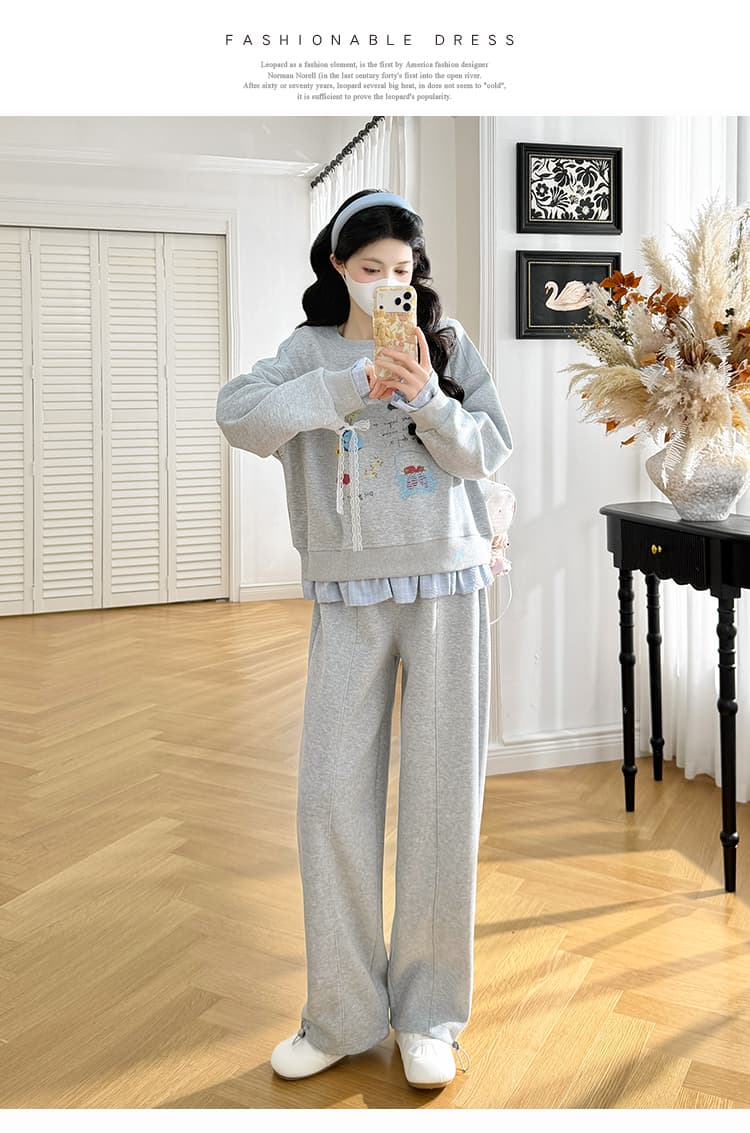 실사 새로운 2026 가을 새로운 한 부서 장난기 넘치는 연령 감소 프린트 후드티 와이드 레그 팬츠 임산부 투피스 세트 상세 이미지 15
