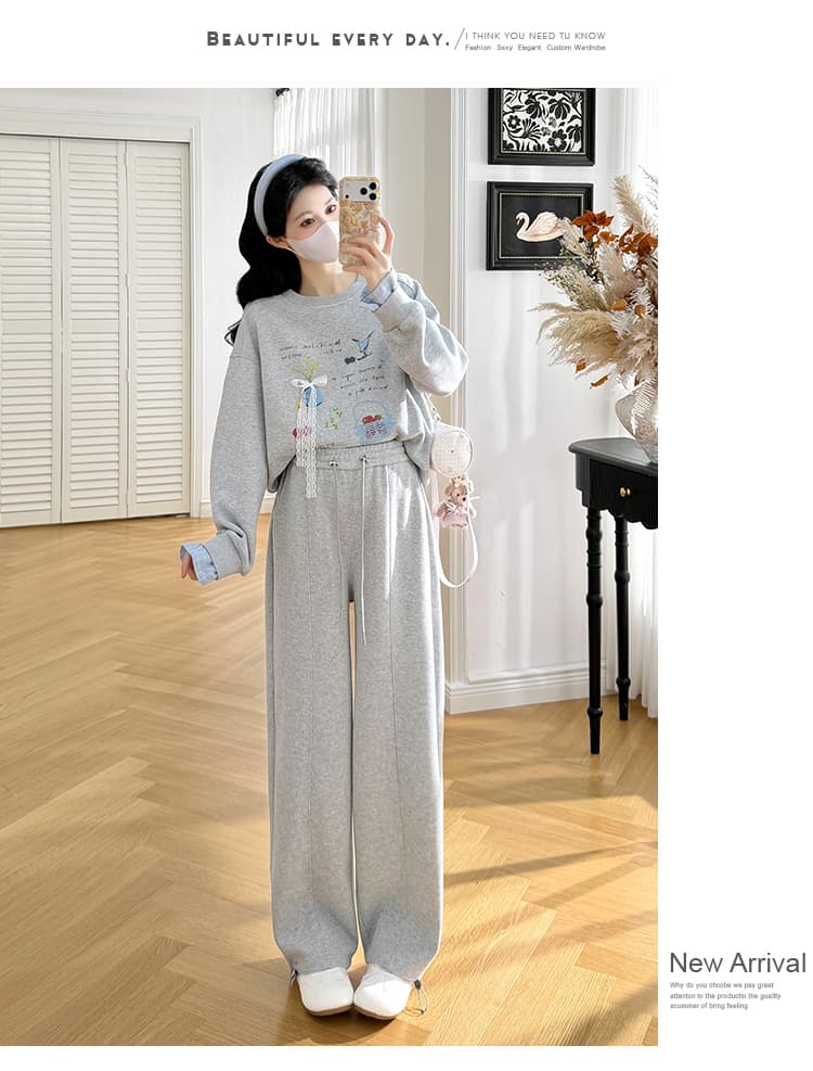 실사 새로운 2026 가을 새로운 한 부서 장난기 넘치는 연령 감소 프린트 후드티 와이드 레그 팬츠 임산부 투피스 세트 상세 이미지 18
