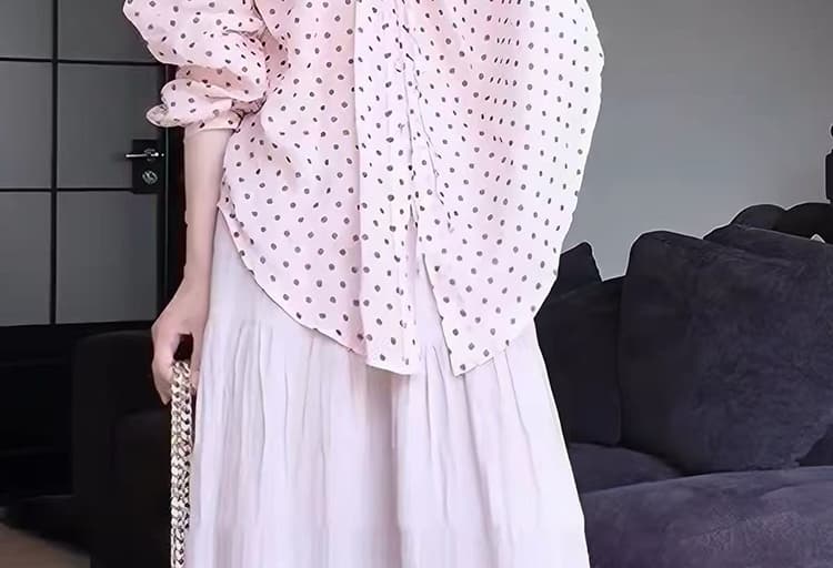 임산부 가을 의상 새로운 패션 나가라. 연령 감소 도트 무늬 셔츠 맨위 루즈핏 표지 배 임산부 반신 스커트 투피스 세트 상세 이미지 16
