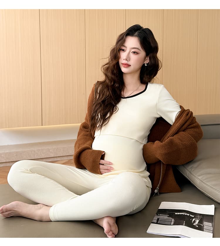 임산부 가을 의상 롱 바지 세트 순면 맨위 출산 후 먹이주기 잠옷 봄 가을 수유 따뜻한 옷 가을 겨울 달 서비스 상세 이미지 16