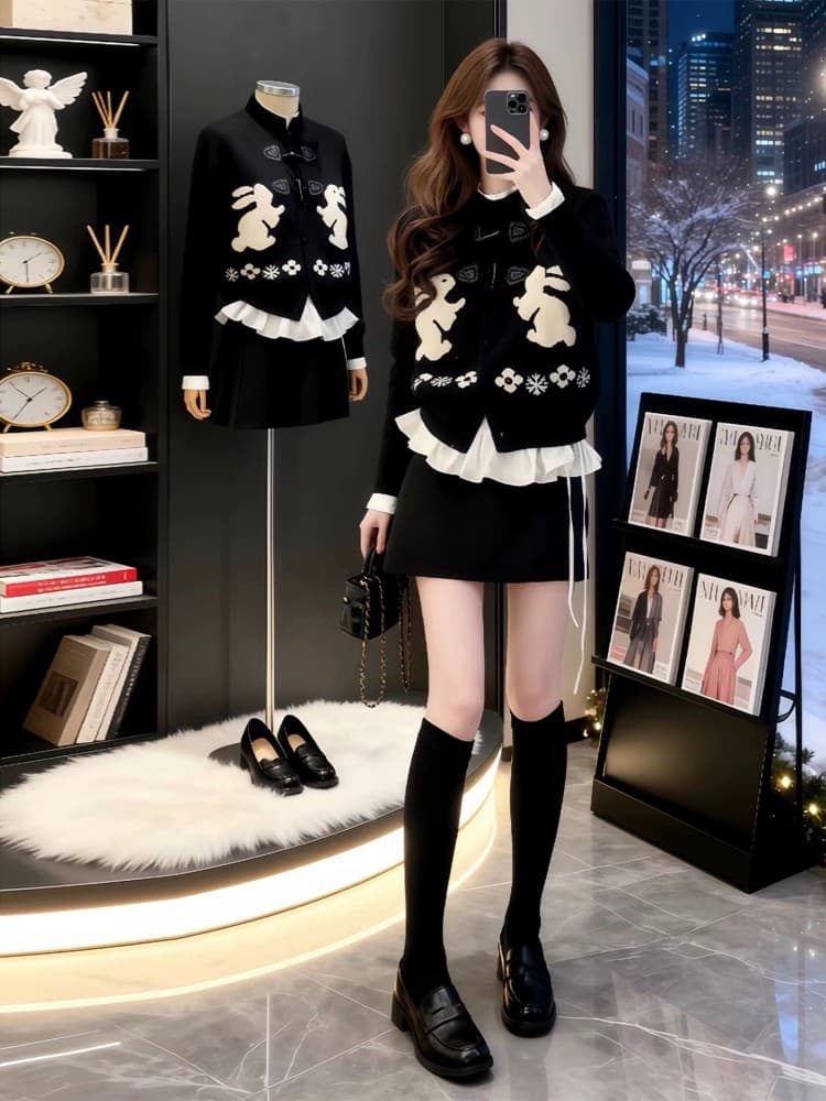 레트로 소뿔 버클 만화 스웨터 오픈 가디건 여성 가을 겨울 새로운 한국 스타일 루즈핏 다용도 니트 재킷 상세 이미지 2