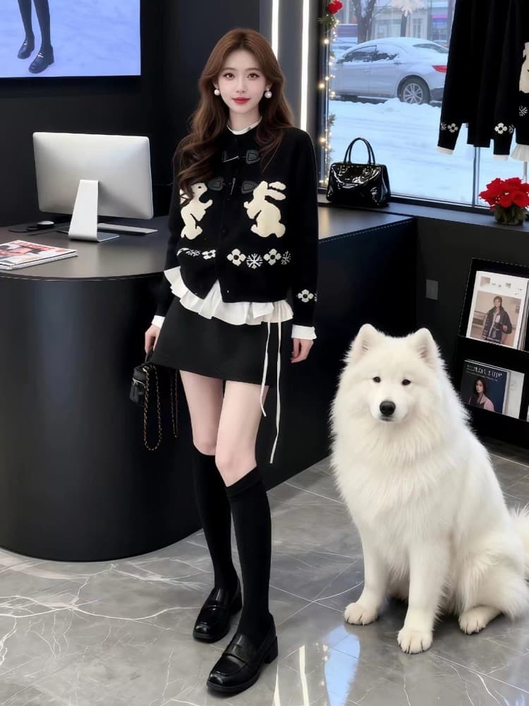 레트로 소뿔 버클 만화 스웨터 오픈 가디건 여성 가을 겨울 새로운 한국 스타일 루즈핏 다용도 니트 재킷 상세 이미지 4