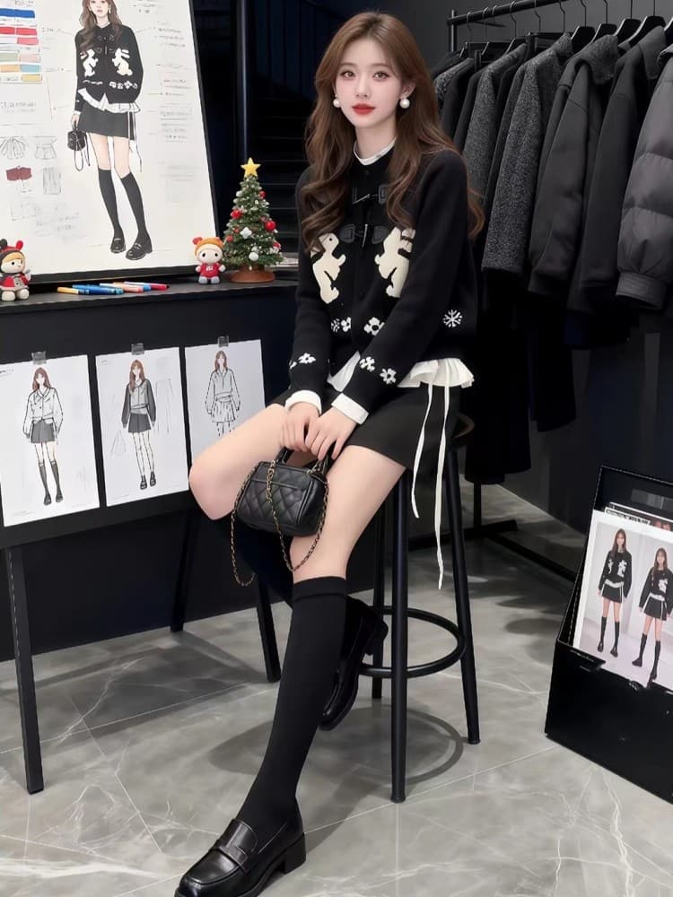 레트로 소뿔 버클 만화 스웨터 오픈 가디건 여성 가을 겨울 새로운 한국 스타일 루즈핏 다용도 니트 재킷 상세 이미지 5