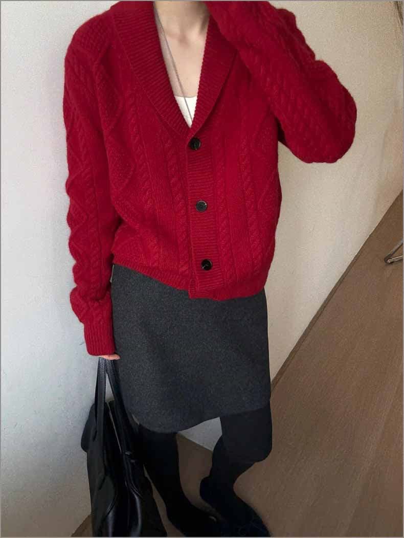 한 부서 디자인 센스 단색 V넥 마 무늬 니트 오픈 가디건 여성 2026 가을과 겨울 긴팔 단추 스웨터 코트 상세 이미지 12
