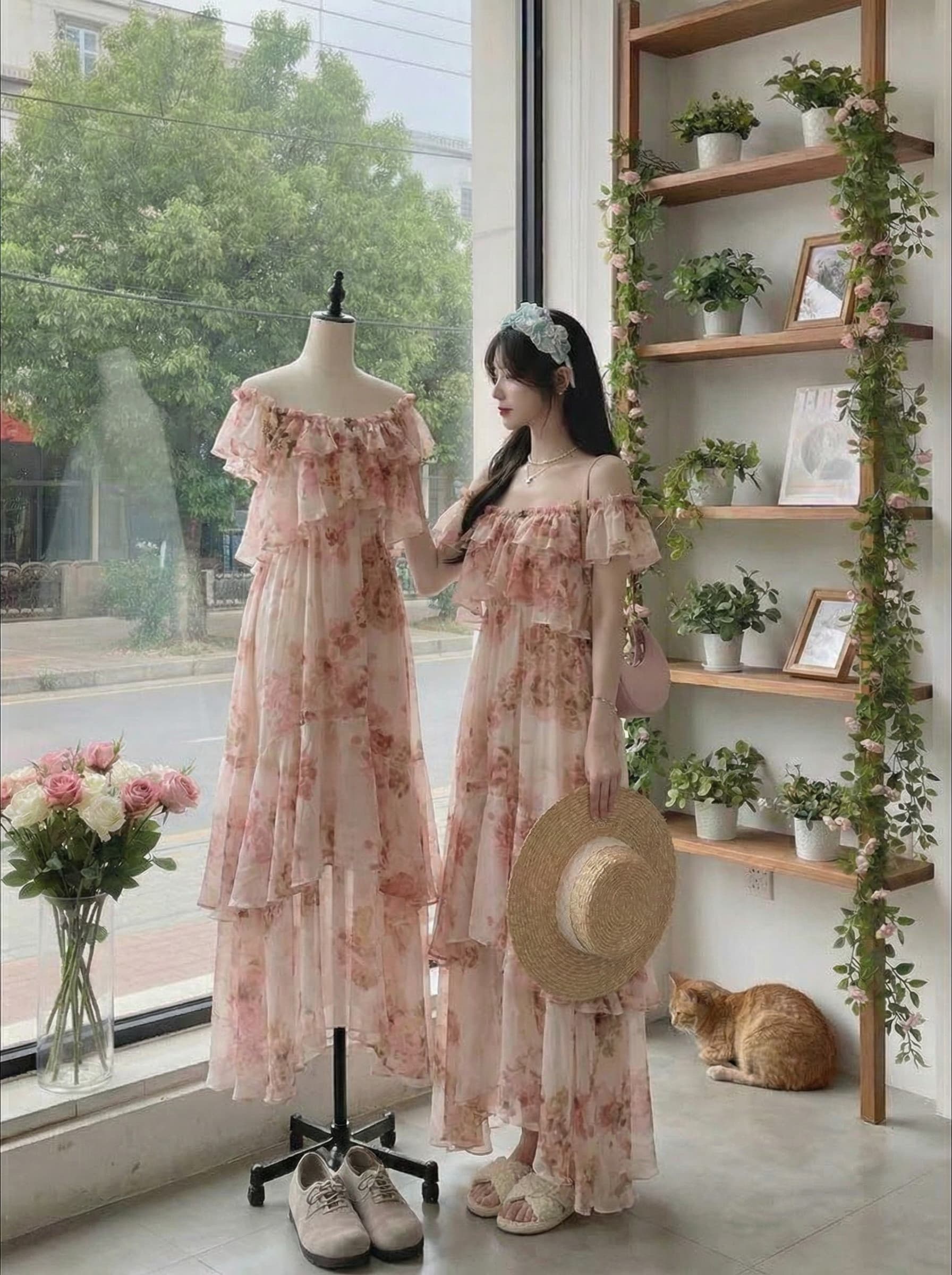 리우 시시 같은 단락 프랑스식 꽃무늬 한 단어 오프숄더 여성 드레스 여름 품격 프릴 우아한 휴가 길다 치마 상세 이미지 2