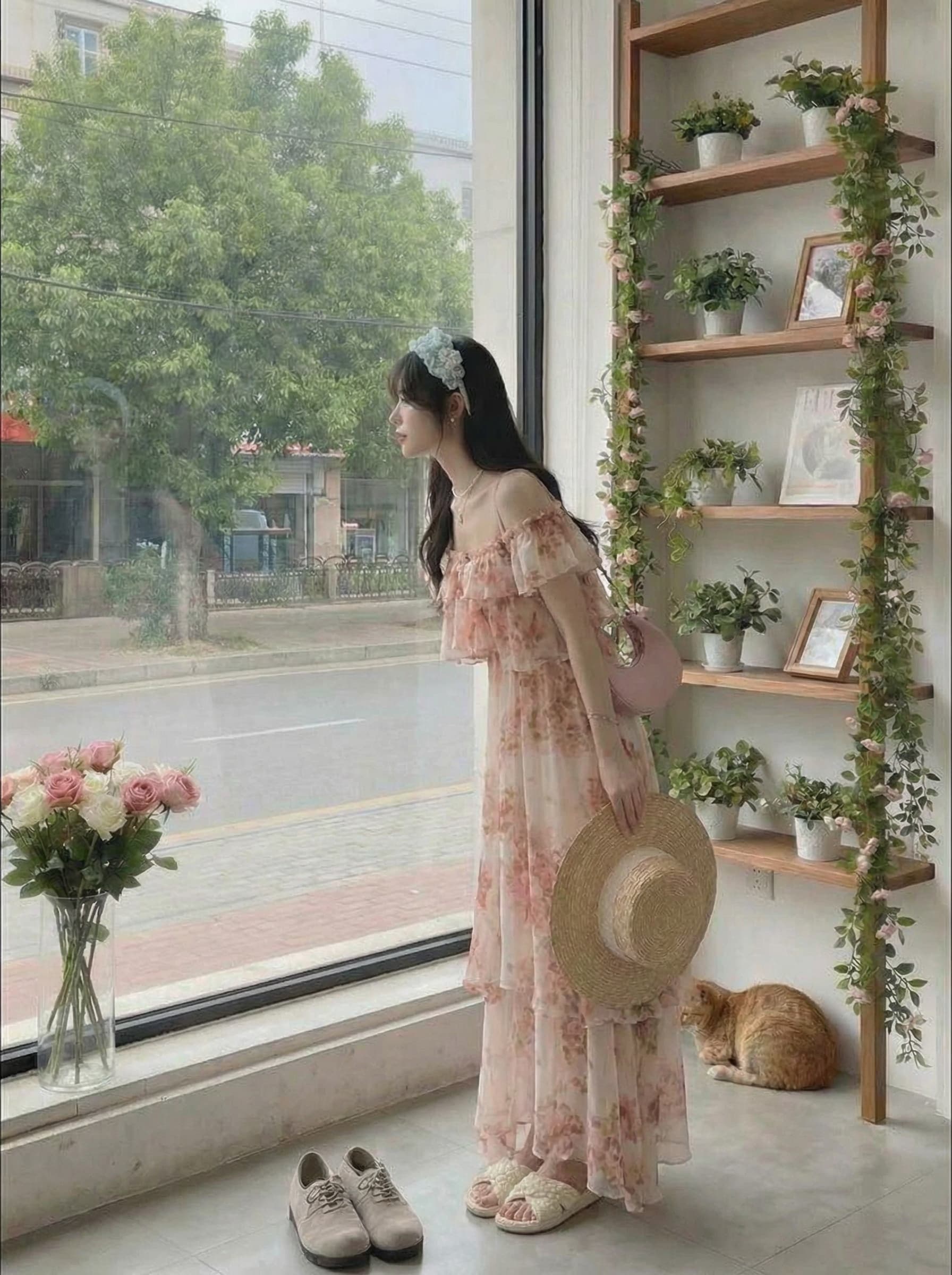 리우 시시 같은 단락 프랑스식 꽃무늬 한 단어 오프숄더 여성 드레스 여름 품격 프릴 우아한 휴가 길다 치마 상세 이미지 4