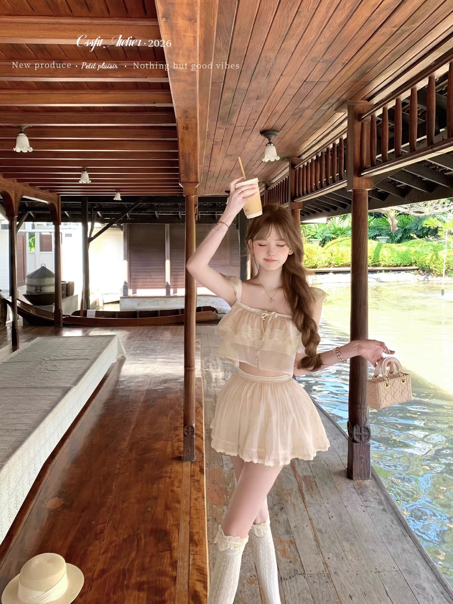 늦게 우산 우산 26 ss 핑크색 산호초 편지 ch1oe 레이스 짧은 맨위 주름 롱 스커트 미니 스커트 세련된 세트 이미지 2