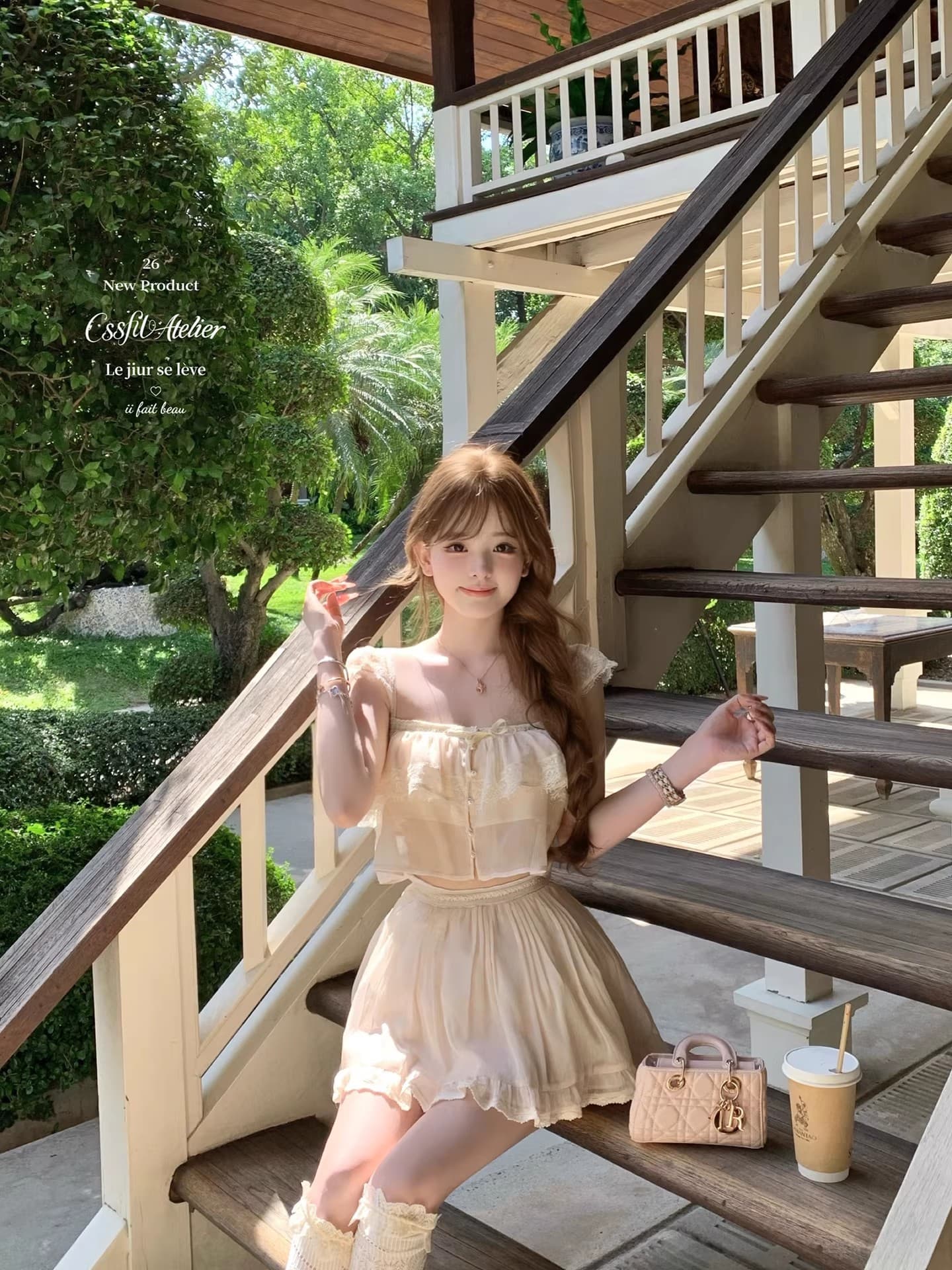 늦게 우산 우산 26 ss 핑크색 산호초 편지 ch1oe 레이스 짧은 맨위 주름 롱 스커트 미니 스커트 세련된 세트 이미지 3