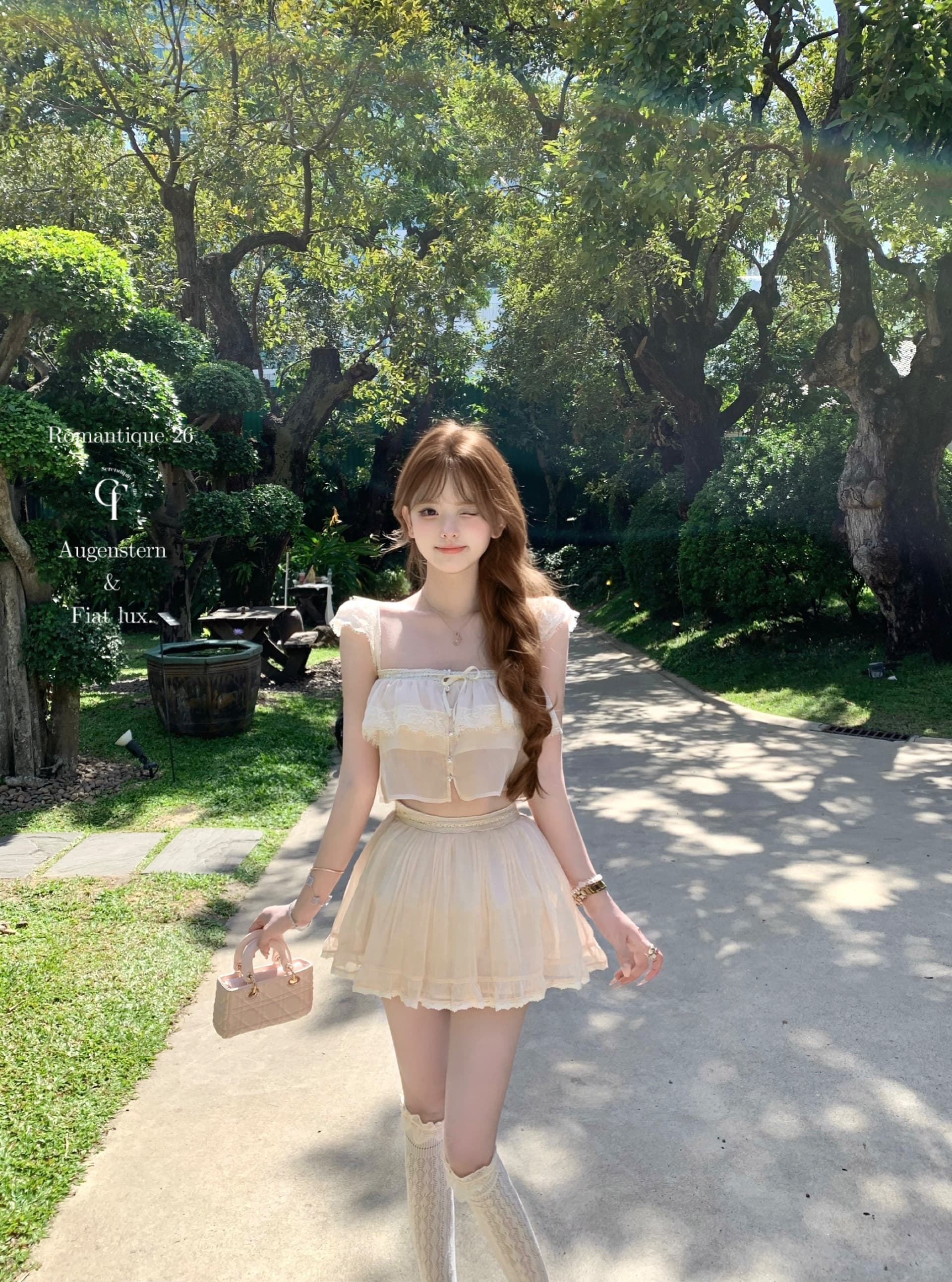 늦게 우산 우산 26 ss 핑크색 산호초 편지 ch1oe 레이스 짧은 맨위 주름 롱 스커트 미니 스커트 세련된 세트 상세 이미지 10