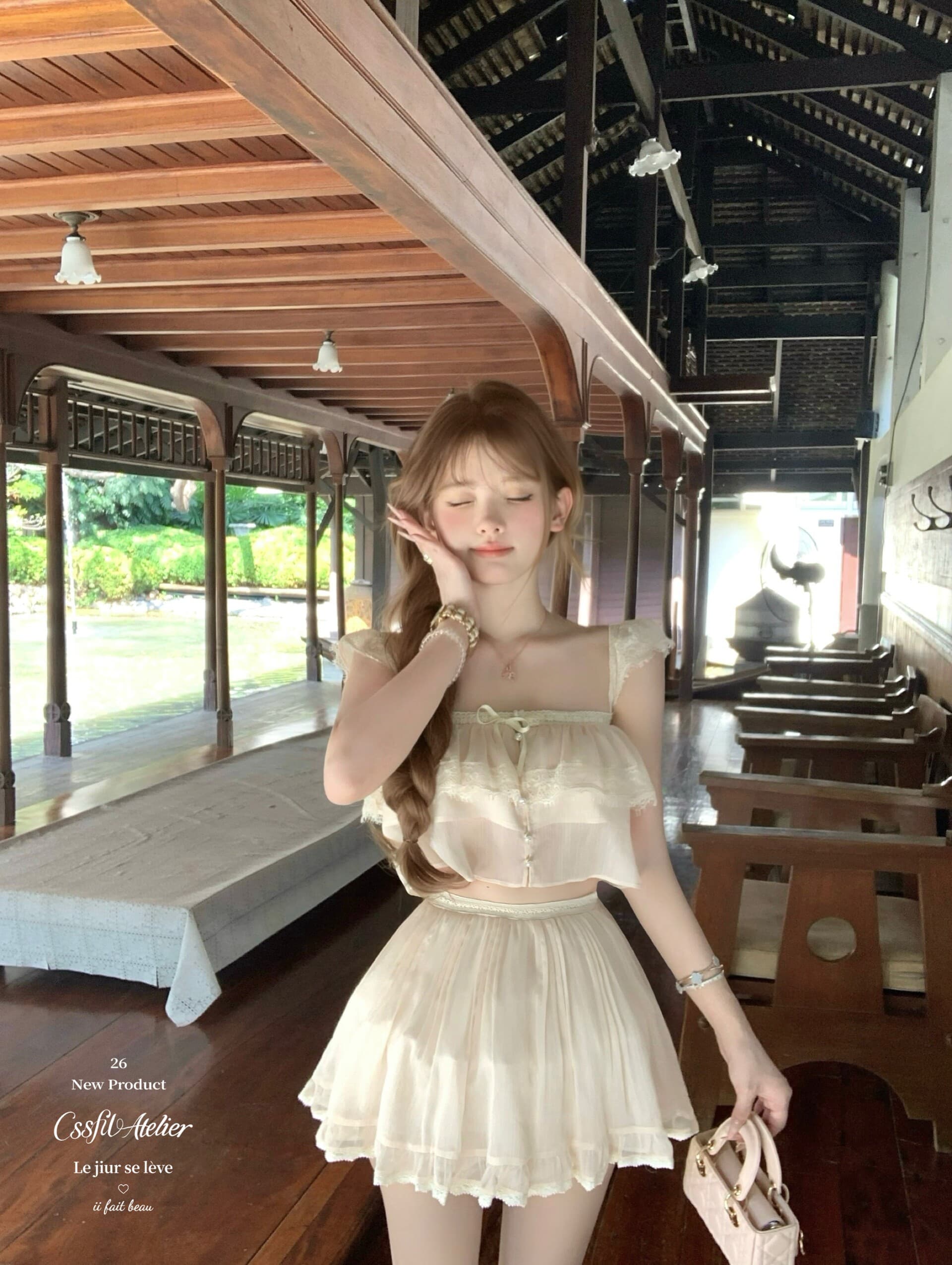 늦게 우산 우산 26 ss 핑크색 산호초 편지 ch1oe 레이스 짧은 맨위 주름 롱 스커트 미니 스커트 세련된 세트 상세 이미지 15