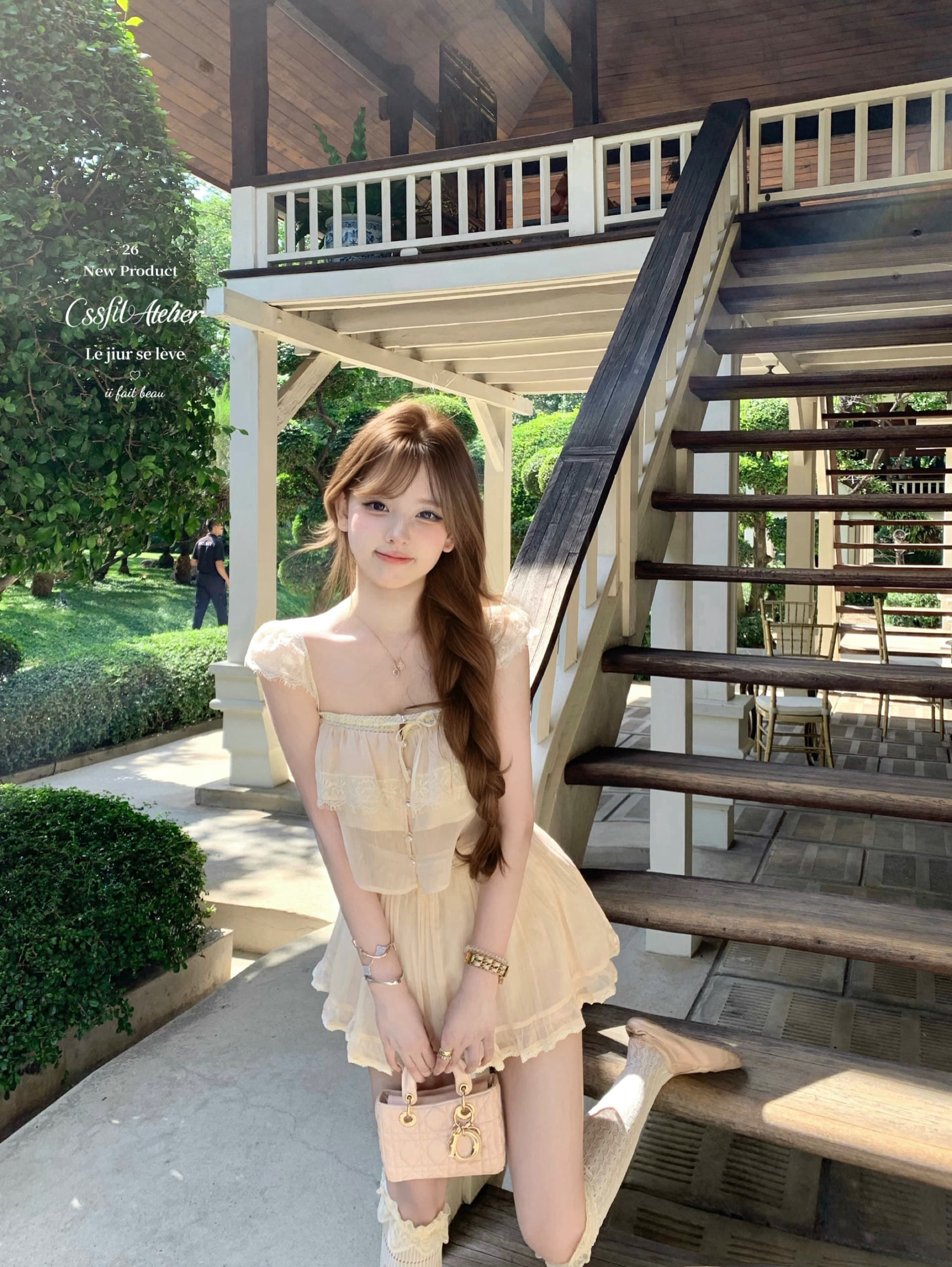 늦게 우산 우산 26 ss 핑크색 산호초 편지 ch1oe 레이스 짧은 맨위 주름 롱 스커트 미니 스커트 세련된 세트 상세 이미지 26