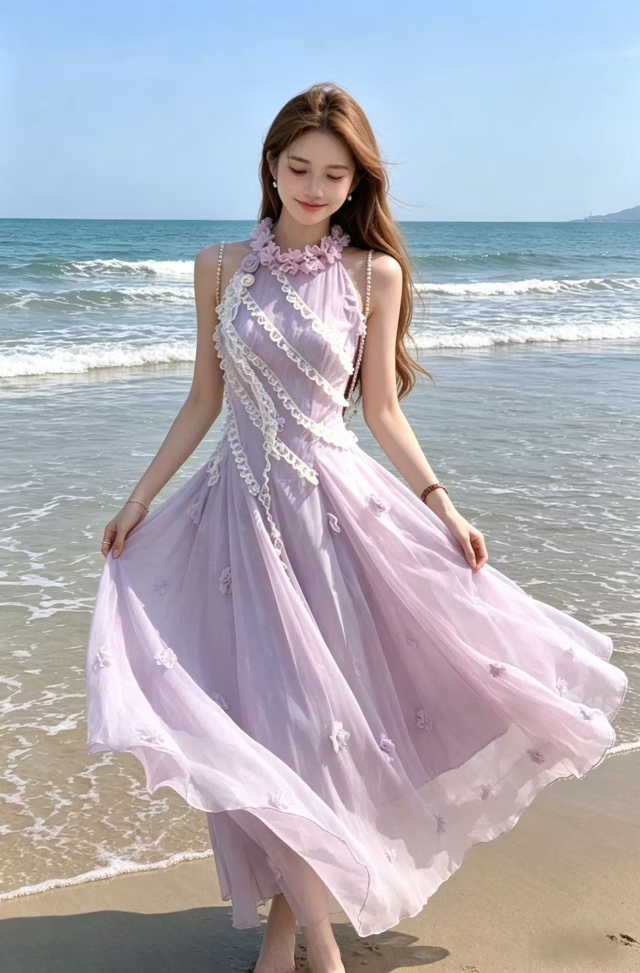 acaine 보라색 롱 코트 행침 목 슬립 여성 드레스 여름 프랑스식 레트로 몸매 가꾸기 슬림해 보이는 품격 치마 상세 이미지 9