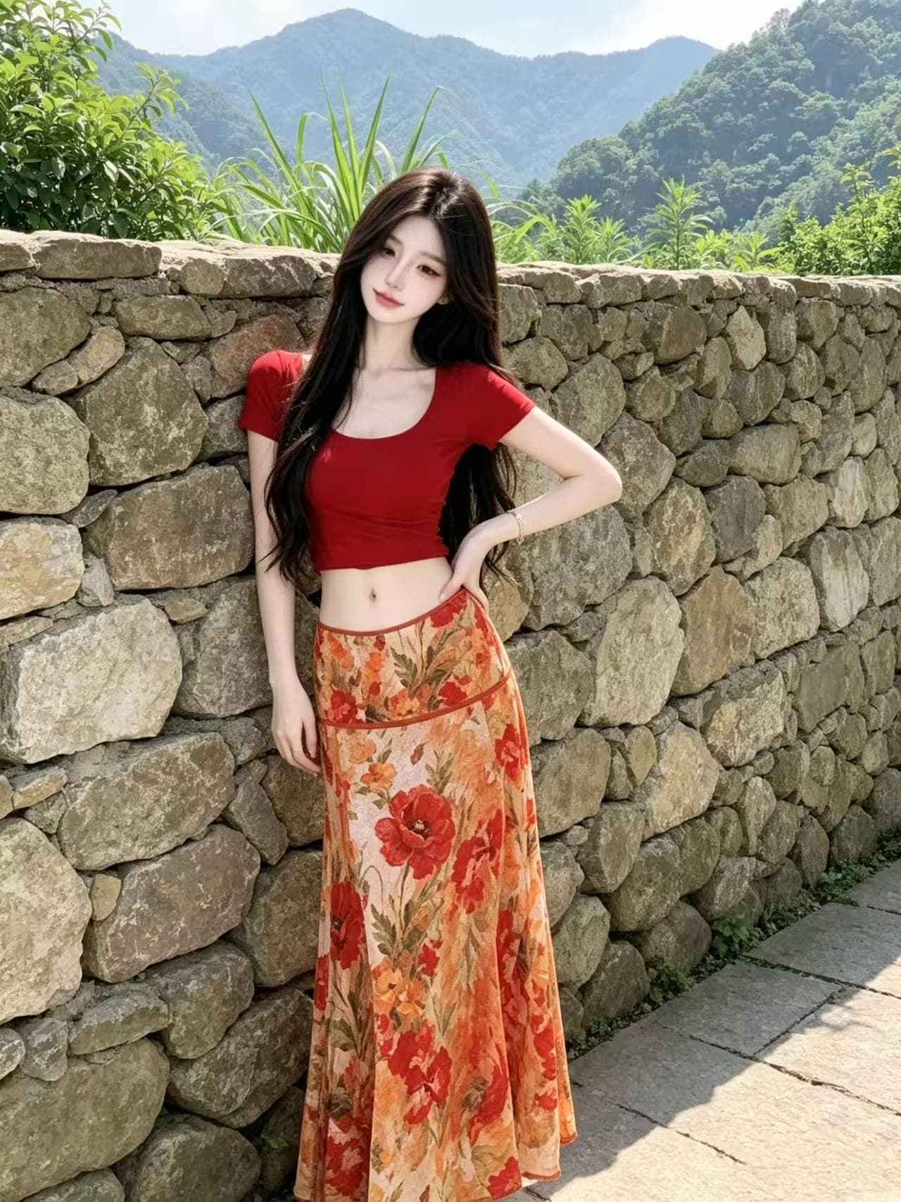 먹는다. 녹색 접시 화상 여름 레트로 Mingyan 분위기 빨간색 티셔츠 맨위 유화 대 꽃 반신 치마 세트 이미지 3