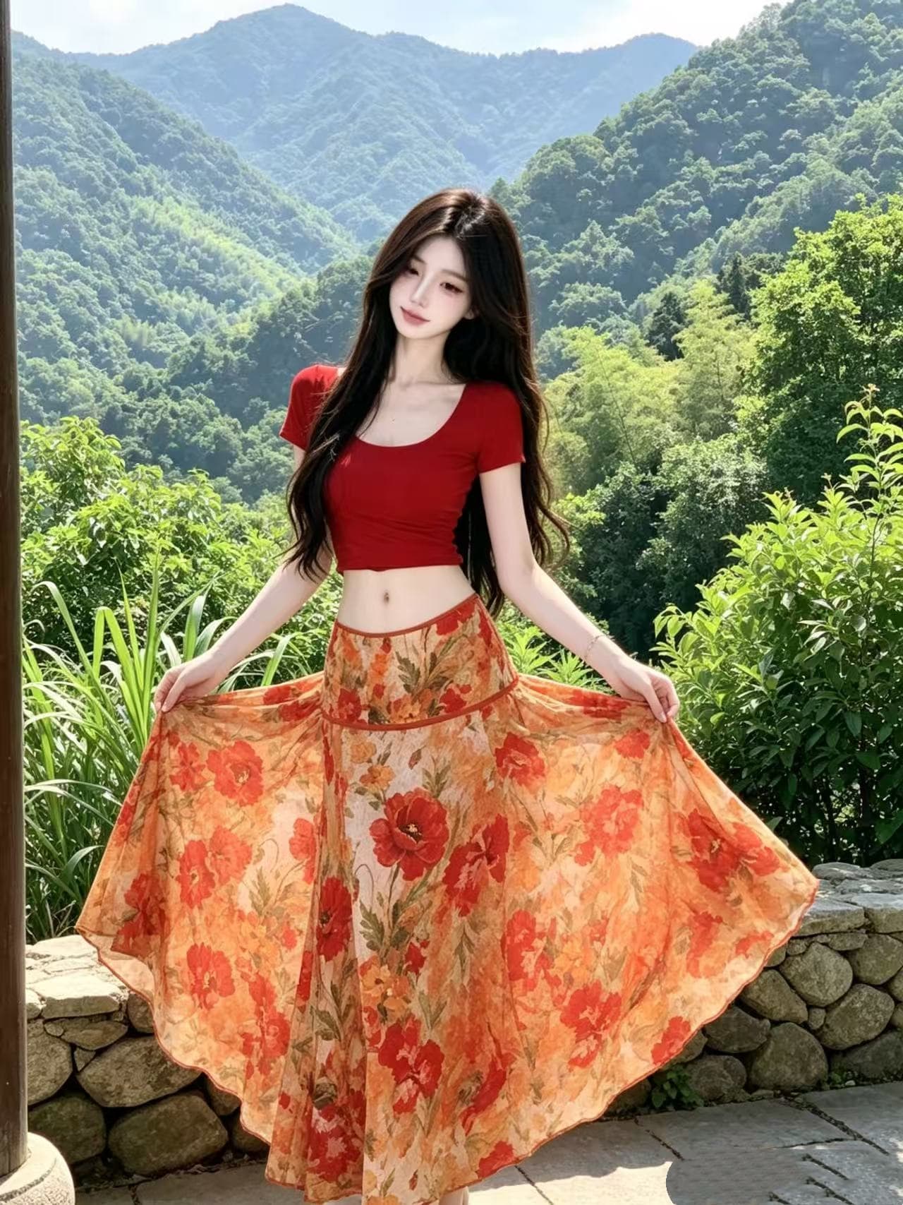 먹는다. 녹색 접시 화상 여름 레트로 Mingyan 분위기 빨간색 티셔츠 맨위 유화 대 꽃 반신 치마 세트 이미지 2