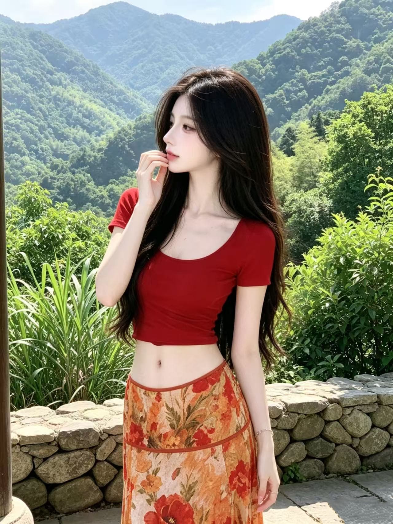 먹는다. 녹색 접시 화상 여름 레트로 Mingyan 분위기 빨간색 티셔츠 맨위 유화 대 꽃 반신 치마 세트 상세 이미지 4