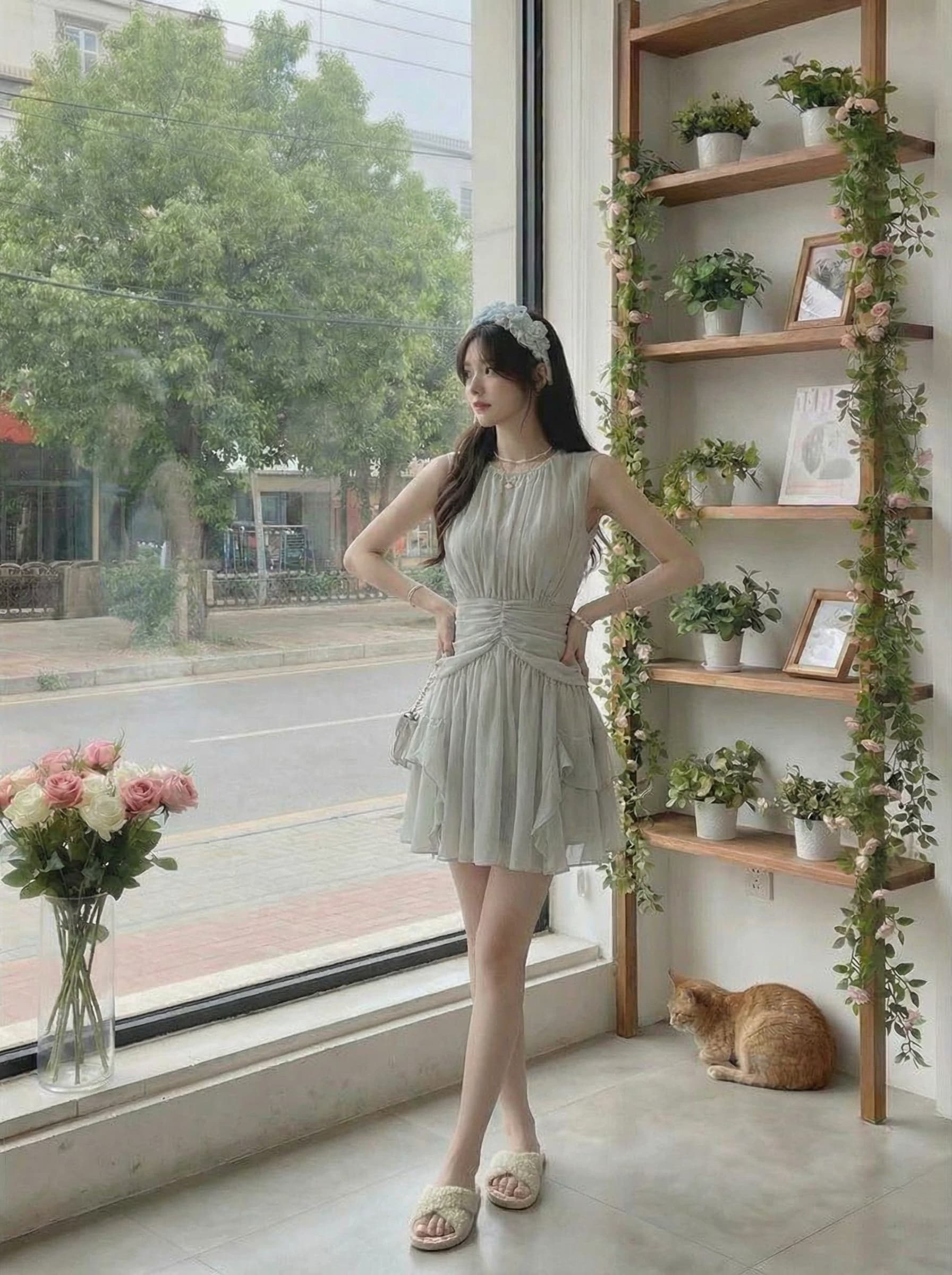 justqin 조정 센스 섬 2026 새로운 여름 드레스 허리 수축 쉬폰 치마 미니 스커트 여성 드레스 품격 이미지 2