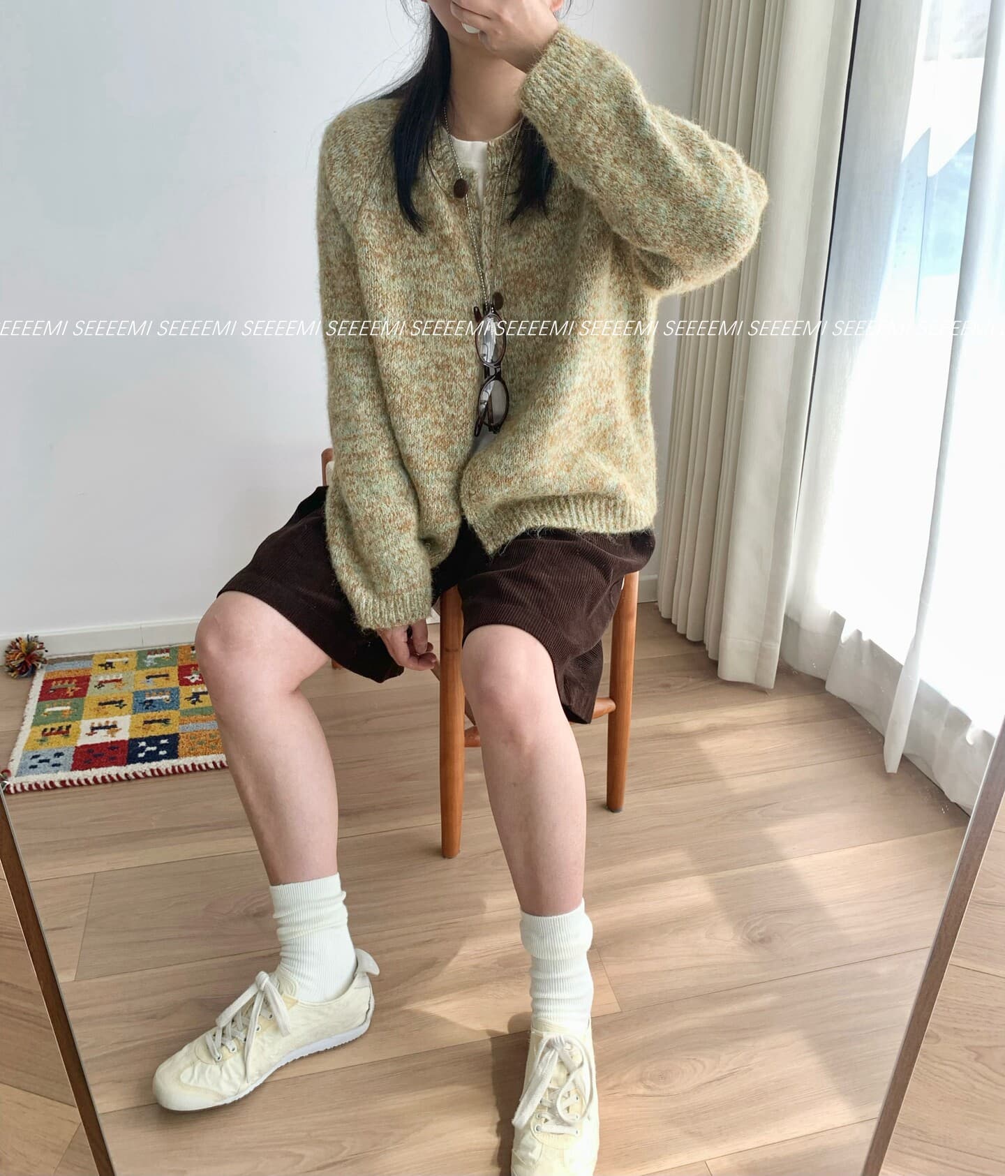 seeeemi 봄날 회화 디스크 이른 봄 새로운 녹색 브라운 꽃 실 루즈핏 오픈 가디건 여성 다용도 라운드 넥 니트 재킷 상세 이미지 15