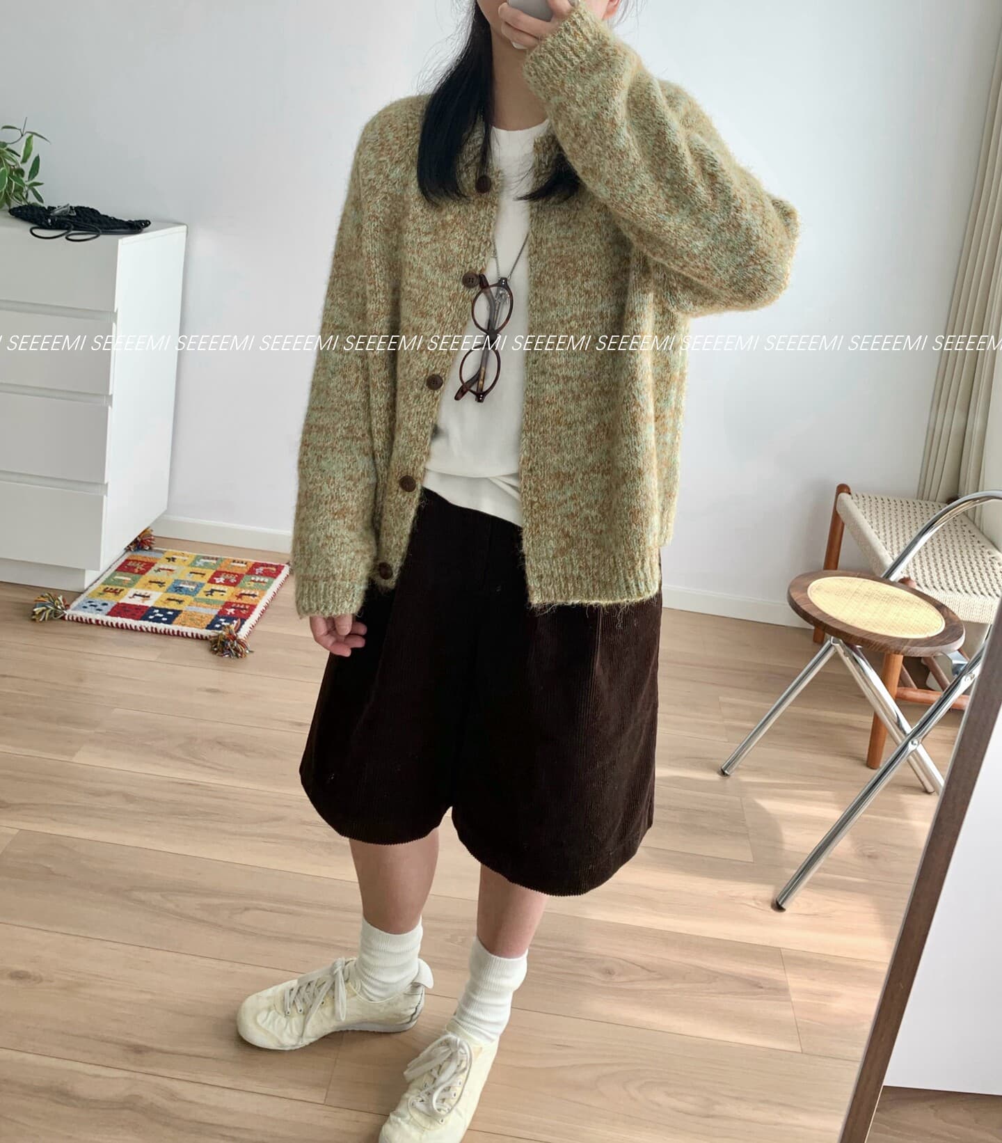 seeeemi 봄날 회화 디스크 이른 봄 새로운 녹색 브라운 꽃 실 루즈핏 오픈 가디건 여성 다용도 라운드 넥 니트 재킷 상세 이미지 24