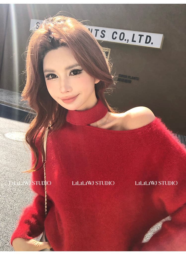 리 부드럽게 6 월 토끼털 눈 fall 원사 스웨터 여자 가을 겨울 한국 스타일 느긋한 바람 털 니트 행침 목 오프숄더 모피 맨위 상세 이미지 9