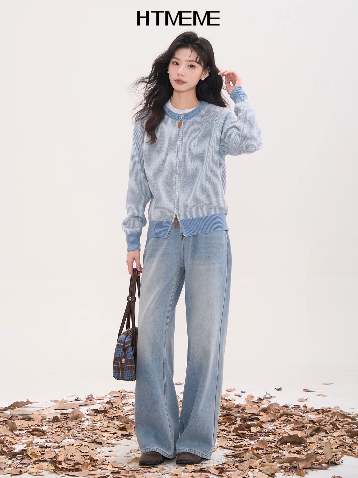꽃밭 부드러운 스트라이프 한 부서 스트라이프 더블 지퍼 라운드 넥 오픈 가디건 니트 스웨터 여자 봄 가을 2026 새로운 상세 이미지 1