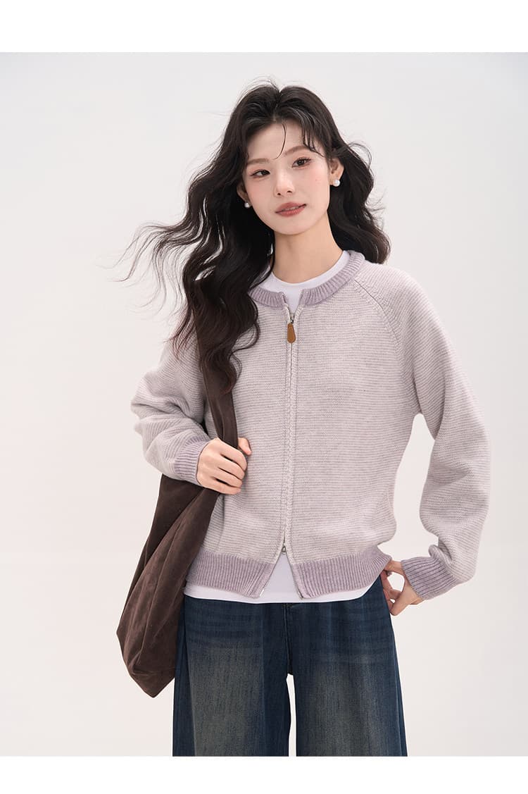 꽃밭 달빛 밀크 셰이크 한 부서 스트라이프 더블 지퍼 라운드 넥 오픈 가디건 니트 스웨터 여자 봄 가을