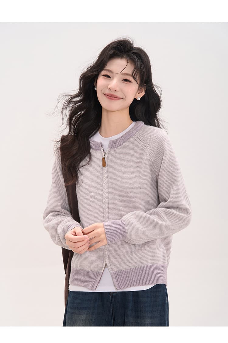 꽃밭 달빛 밀크 셰이크 한 부서 스트라이프 더블 지퍼 라운드 넥 오픈 가디건 니트 스웨터 여자 봄 가을 상세 이미지 12